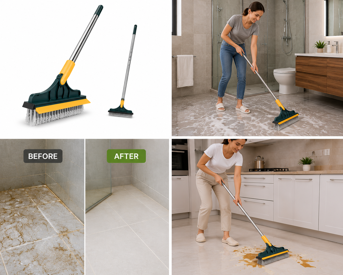 CleanGlide™ 2-in-1 Floor Scrub Pro | Adjustable Long Handle Floor Brush & Water Squeegee